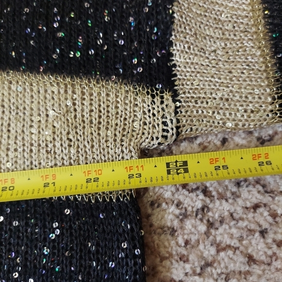 I.C.U. Women's Sequin Striped Pull Over Size L Open Knit Sweater Gold Black - Picture 5 of 14